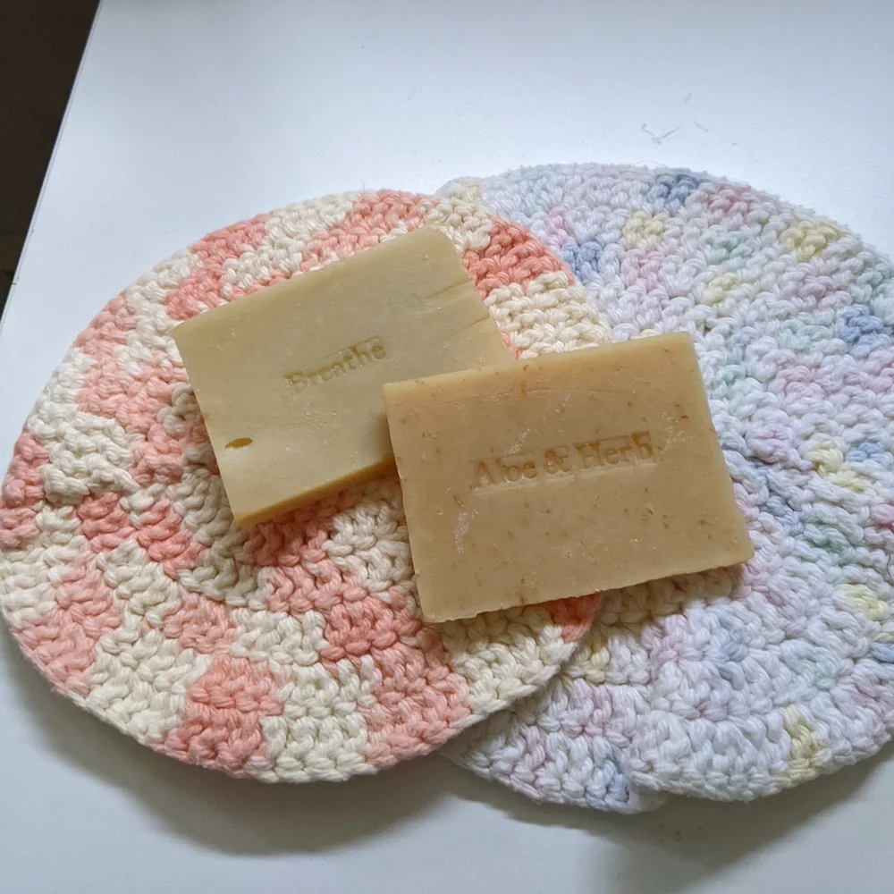 Vintage crochet circular, pastel multi and orange wash cloths with Natural Soaps